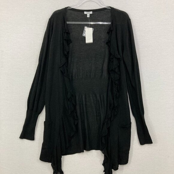 New Cache Large Black Open Front Draped Ruffle Lightweight Cardigan - Picture 1 of 9